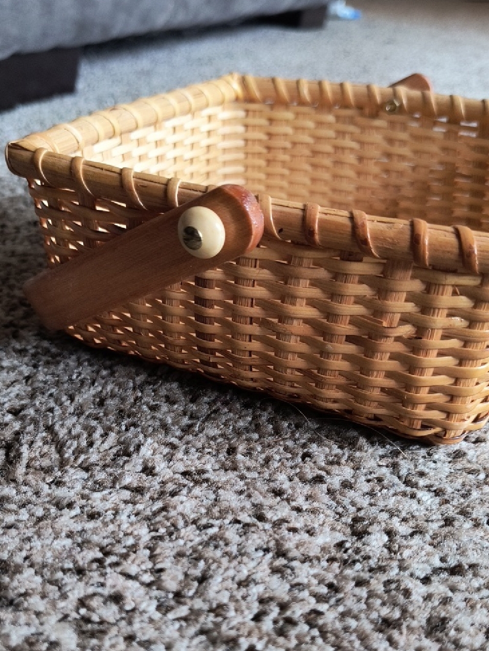 Woven Rectangular Basket with Wooden Handles - Natural Brown